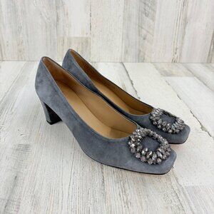 Ann Mashburn Embellished Buckle Heels Womens Shoes Gray Suede 40 9.5 Jewels